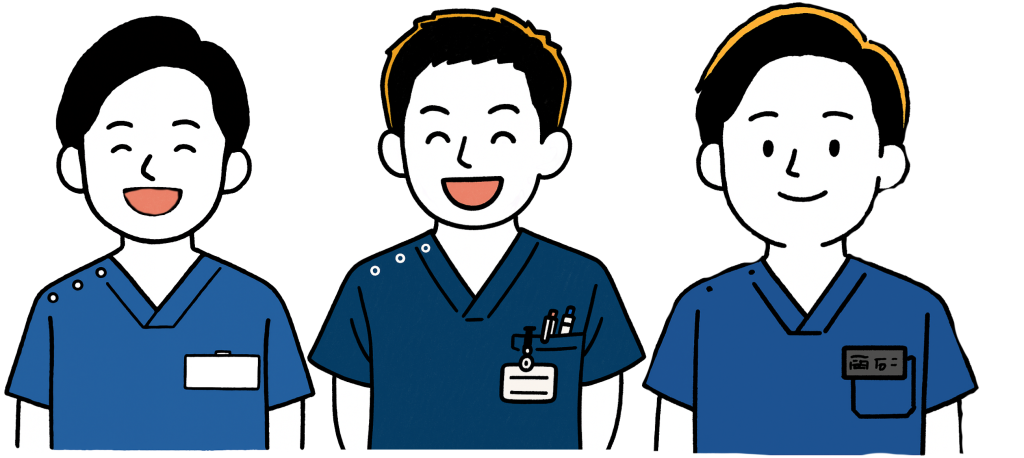 おおたわ歯科医院のドクター3人のイラスト。ナルト先生を中心に安心の歯科医療を提供。オールオン4ザイゴマクリニック。